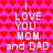 Pixelated pink background with red heart pattern and white text reading 'I LOVE YOU MOM and DAD' in two identical vertical