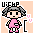 Pixel art avatar of a girl with gray hair in pigtails, pink dress, and pink shoes, standing against peach background with 'UICHP' text above and bracketed symbols.