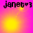 Pixelated text 'janet3' with a heart symbol appears above a yellow circular glow on a pink gradient background, with animated light effects shifting across the scene.