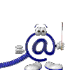 Animated character with blue @ symbol body, white feet and hands, holding striped stick in right hand