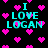 Black background with cyan text "I LOVE LOGAN" and scattered pink pixelated hearts, animated to shift positions.