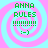 Green pixelated text 'ANNA RULES !!!!!!!! :-)' on pink and cyan spiral background with four identical