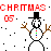 Pixelated snowman with top hat and brown twig arms stands against white background with black dots, red "CHRIMAS" text above each figure.