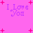 Pixelated pink background with purple text "I Love You" and red plus signs scattered throughout.