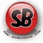 Red circular icon with black 'SB' letters and white accents, set against white background with orange text displaying Portuguese phrases and a website URL