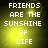 Four identical display the text "FRIENDS ARE THE SUNSHINE OF LIFE" in white pixelated font over a yellow-green gradient background with subtle light effects