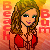 Pixelated image of a woman with long brown hair wearing red clothing, standing against an orange gradient background with red text on both sides.