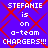 Pixelated text on a blue background with red crisscross lines, repeating 'STEPHANIE is on a-team CHARGERS!!!' in white block letters.