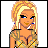 Pixel art buddy icon featuring a blonde woman in a yellow dress with blue accents, split into four quadrants with text on two sections and a gray background section.