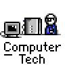 A 4x4 contact sheet of a pixel-art animated icon showing a computer tech character interacting with equipment across 16 frames, featuring consistent gray background and blue/white color scheme.