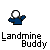 Pixelated character with white head and blue body in various poses with green and red effects, labeled 'Landmine Buddy' text below.