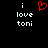Pixelated text 'i love toni' appears twice on a black background with a red heart symbol above the left instance.