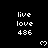 Pixelated text 'live love 486' appears in white on black background with small heart symbols below each instance.