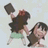 Two pixelated figures in dynamic poses, one holding a large dark object above their head against a light background.
