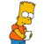 Pixelated character with yellow skin wears orange shirt and blue pants, holding a white circular object in right hand.