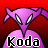 Pixelated purple creature with large white eyes and a long nose against red background, text 'Koda' in bold black letters below.