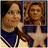 Two side-by-side pixelated portraits of a person with light skin and brown hair, wearing a dark blue top with white stripes on sleeves, against a dark background.