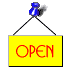 Four yellow rectangular signs with red 'OPEN' text hang from blue thumbtacks on a white background, each sign slightly rotated differently.