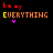 Pixelated text on black background: red 'b+ = y' above yellow 'E' and orange 'VERYTHING', with purple 'y' below.