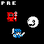 Static pixel art image with black background showing three distinct characters: red figure holding staff, white skull-like face, and blue character with sword.