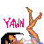 Pixelated static image featuring a cartoon character yawning with legs raised, pink text reading YAWN, and colorful pixel art style on white background.