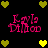 Pixelated pink text 'Kayla Dillion' appears in four quadrants on a black background, surrounded by yellow and green heart icons.