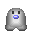 Four pixelated ghost-like figures with gray bodies, black eyes, and blue pacifiers arranged in a on a light gray background