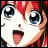 Pixelated anime-style character with red hair and wide blue eyes, mouth open in surprise, next to stylized text on black background.