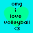 Four identical green heart-shaped icons with black pixelated text 'omg i love volleyball <3' on a cyan background, arranged in a