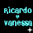Pixelated cyan text 'ricardo' and 'vanessa' with a heart symbol between them, displayed in three on black background with animated symbols changing below