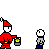 A 4x4 contact sheet of a pixel-art animation showing Santa-like character interacting with smaller figure, including donation speech bubble and text "buddy hates santa!" in final frame.