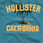 Animated sequence showing three distinct Hollister California-themed designs on fabric backgrounds with varying text styles and color schemes.