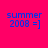 Four identical pixelated text on bright pink background, each displaying 'summer 2008 =]' with blue letters and a green rectangular overlay on one