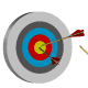 A circular target with concentric rings of gray, blue, and red, featuring multiple arrows embedded in the center.
