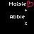 Pixelated text displays 'Maisie' with a pink heart symbol and 'Abbie' with an 'x' symbol on a black background.