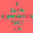 Green pixelated text on coral background reads 'I Love Gymnastics 100% x3' with one frame showing a light blue circular glow behind the text.
