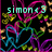 Pixelated icon with cyan text 'simon 49' over abstract colorful lines on black background.