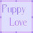 Static 48x48 pixel buddy icon with light purple and white color scheme featuring the text 'Puppy Love' in a soft, rounded font within a checkered border.