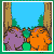 A 4x3 contact sheet of a pixel-art animation featuring two cartoon creatures interacting in a forest setting with floating rings and changing poses across frames.