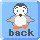 Pixelated penguin with gray body, white belly, orange feet, and brown beak stands against light blue background with 'back' text below.