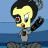 Pixelated cartoon character with yellow face, black hair, and red eyes holding a large dark object against blue background.