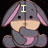 Pixelated cartoon donkey with pink inner ears and gray body, covering mouth with front legs, displaying text above head.
