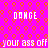 Pixelated text and patterned background with repeated phrases and orange shapes on bright pink.
