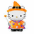 Pixelated cartoon cat in witch costume with orange hat and dress, holding a wand on white background next to orange with 'Happy Halloween!' text