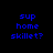 Blue pixelated text 'sup home skillet?' on black background with white rectangular overlays shifting positions across four