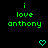 Green pixelated text 'i love anthony' on black background with cyan heart and downward arrow symbols changing across frames.