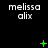 Pixelated text 'melissa alix' appears below green animated symbols on a black background across three of three each
