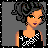 Pixel art of a woman with curly gray hair, green eyes, and purple lips wearing a black sleeveless top with white patterns.