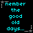 Pixelated cyan text on black background with animated white star and dotted line elements, displaying "nember the good old days..." in a