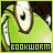 A pixelated green cartoon worm with a white face and brown neck, wearing a black text banner reading 'BOOKWORM' at the bottom of each frame.